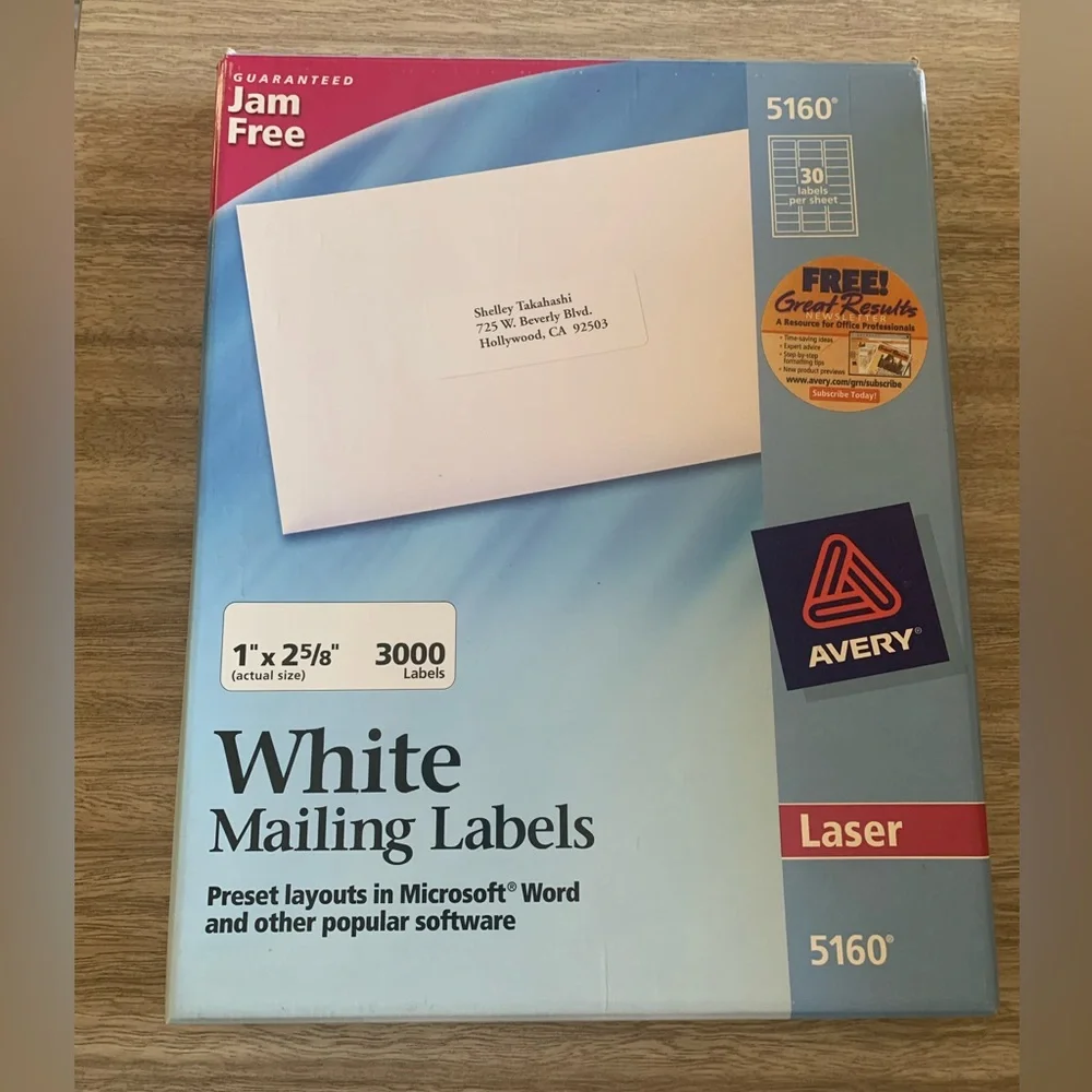 NWT Avery 5160 Laser White Mailing Labels 1” X 2 5/8” 3000 Labels